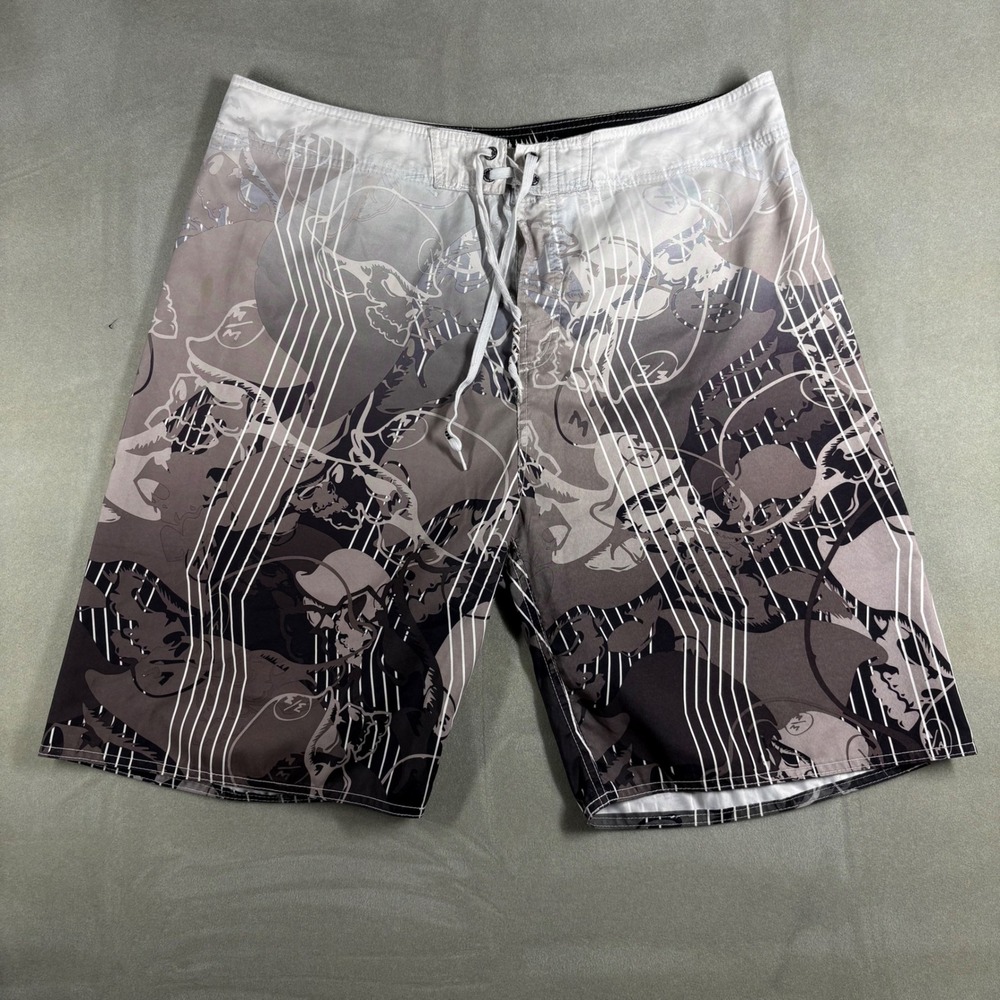 Metal Mulisha Mens Grey Black Skull Graphic Board Shorts Swim Trunks Size 38